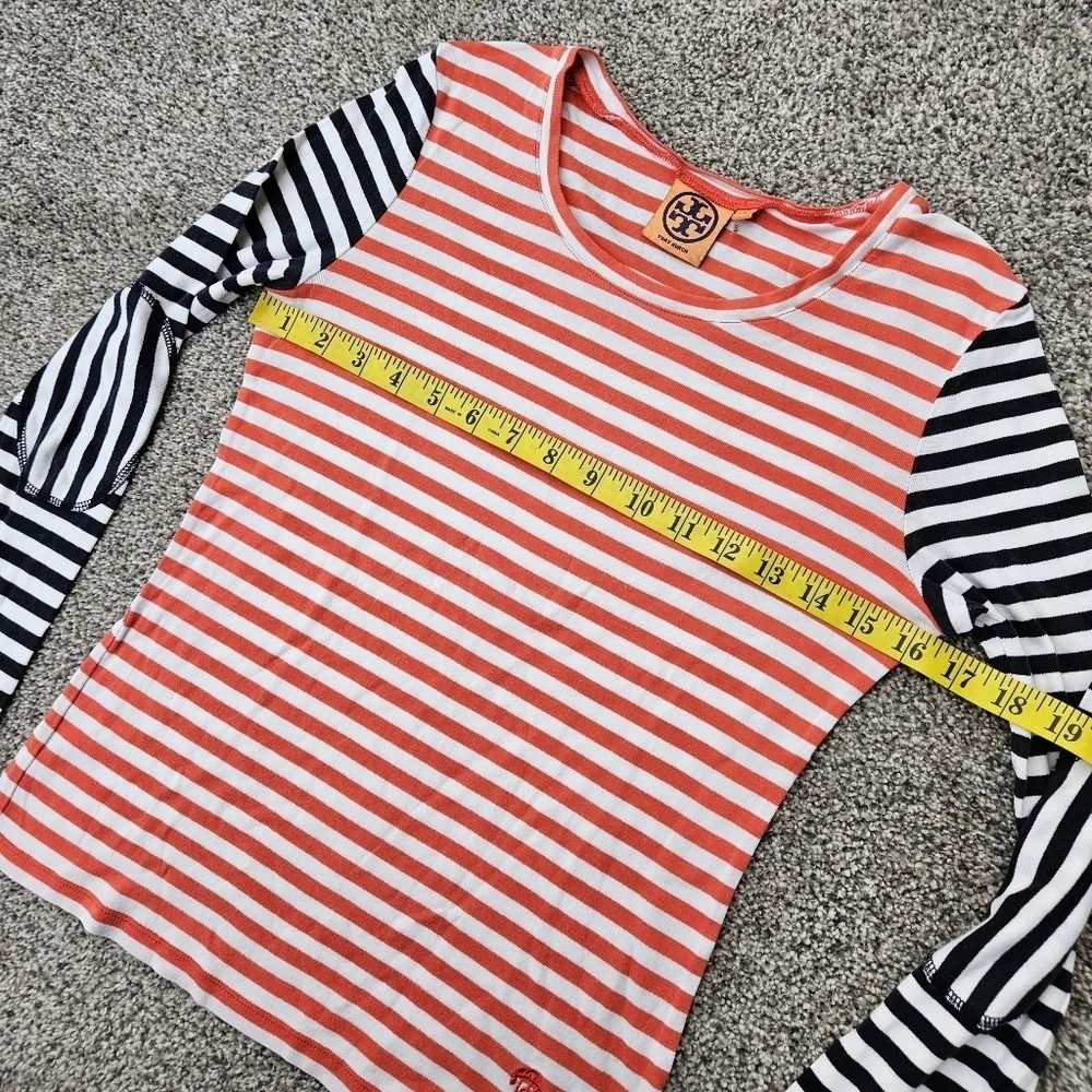 Tory Burch Multi Color Striped Long Sleeve Tee Shirt Peach White Navy Blue Small